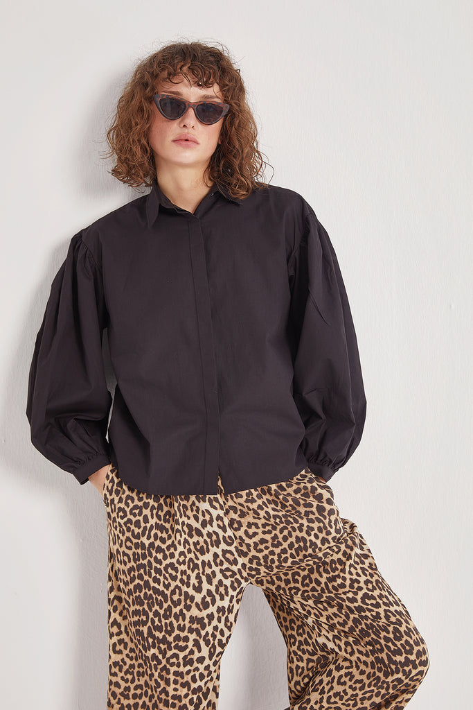 Cotton Poplin Balloon Sleeve Shirt - Black – Sage Collection