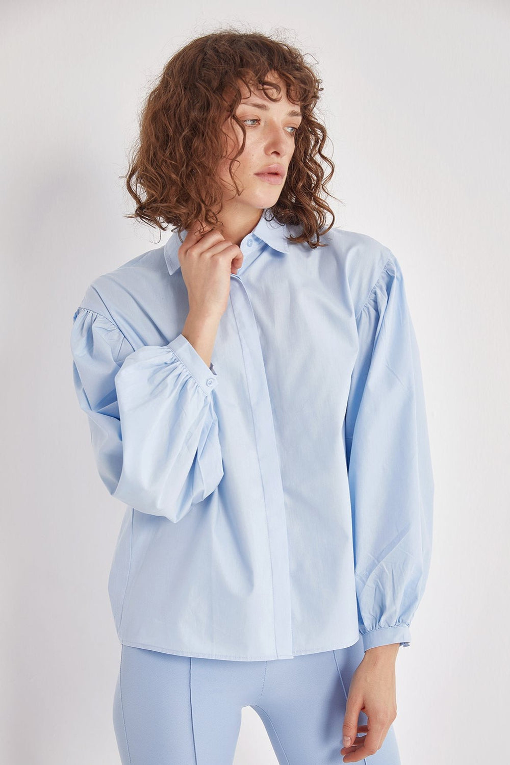 Cotton Poplin Balloon Sleeve Shirt - Baby Blue – Sage Collection